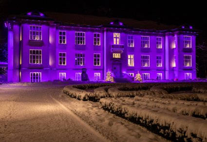 Podświetlony Pałac Karolin nocą - przednia elewacja. Przed pałacem śnieg.