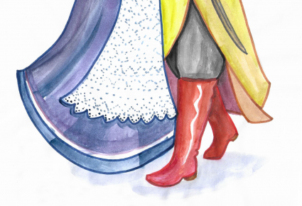 Po lewek dół niebieskiej sukienki z koronkowym fartuszkiem, po prawej czerwone buty męskie, fragment żółtego płaszcza