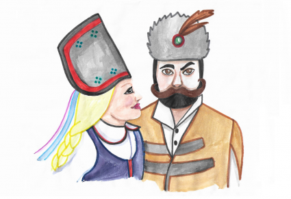 Popiersie, kobieta po lewej narysowana profilem, po prawej mężczyzna na wprost z wąsami i brodą