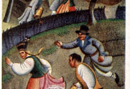 Kolorowa ilustracja, mężczyźni gonią kobiety z dzbanami pełnymi wody