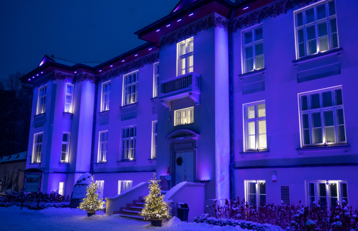 Podświetlony Pałac Karolin w zimowej aurze, przed wejście dwie udekorowane światełkami choinki