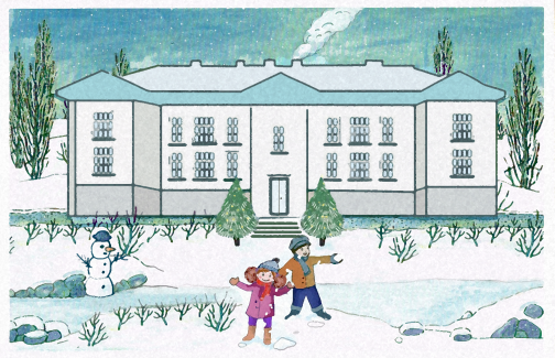 Ilustracja bawiących się dzieci przed Pałacem w Karolinie, dzieci rzucają się śnieżkami