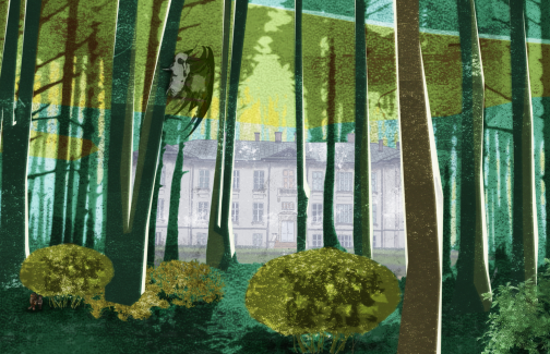 Ilustracja przestawiająca Pałac Karolin w mrocznym lesie pełnym fantastycznych stwórów