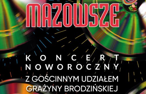Plakat Koncertu Noworocznego, czarne tło, wirujące pasiaste spódnice, na plakacie informacje o gościu specjalnym Grażynie Brodzińskiej