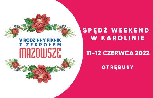 Poster advertising the Mazowsze Family Picnic - flower pattern with text on a white and pink background