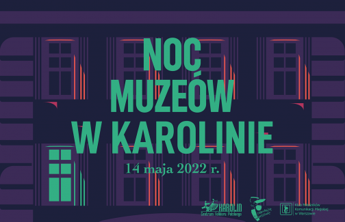 Poster advertising the Night of Museums in Karolin - text on a background featuring a building with a light in one of the windows