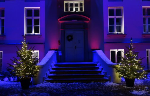 Zdjęcie wejścia do Pałacu Karolin, zimowa sceneria, obok schodów oświetlone choinki, na drzwiach wisi wianek świąteczny