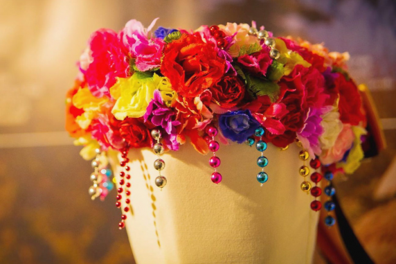 A Silesian head dress decorated with flowers and beads, known as a "galanda"