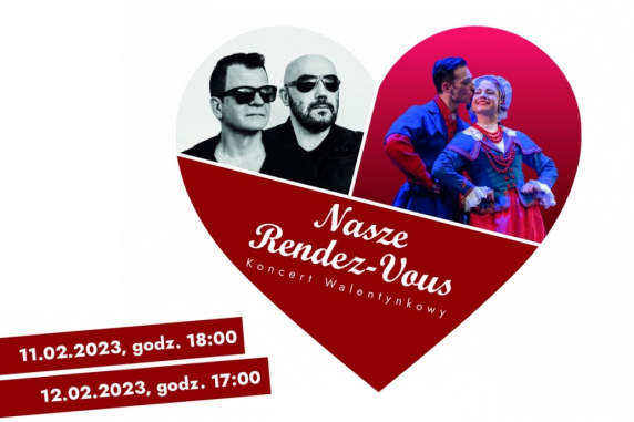 Plakat koncertu w kształcie serce, w którym znajduje się zdjęcie zespołu Kombii oraz para tancerzy zespołu "Mazowsze"