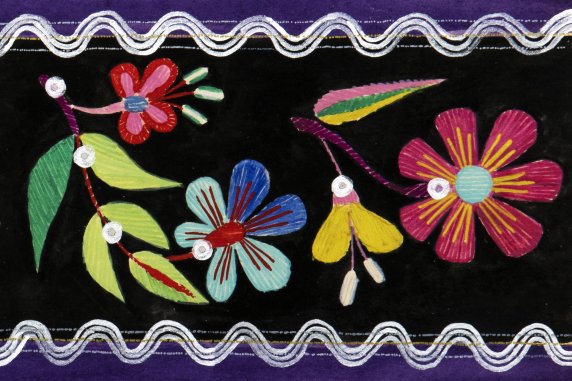 A drawing of an embroidered pattern. Colourful flowers on a black background.