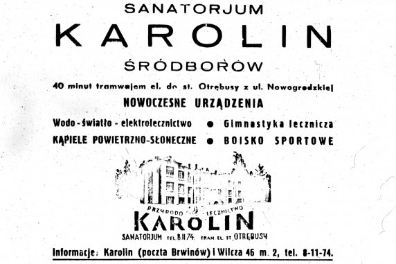 A leaflet advertising the facilities and attractions at Karolin Sanatorium, including electrotherapy,  modern equipment, sun and air baths and a sports ground. Black and white illustration