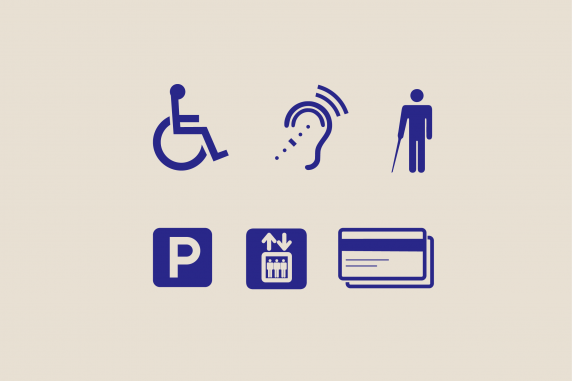 Ikony niepełnosprawności ruchu, słuchu, wzroku, dostępny parking, winda, możliwość płatności kartą